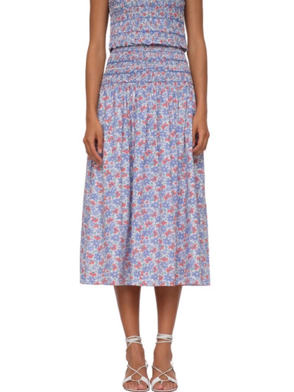 Sea New York Peggy Blue and Pink Floral Smocked Midi Skirt